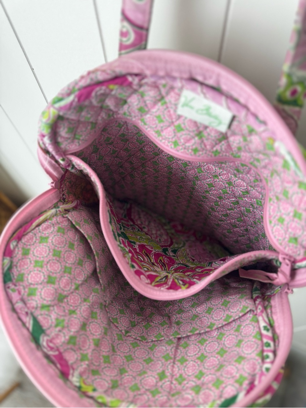 Vera Bradley Pink Green Zip Tall Tote Shoulder Bag Pinwheel Pink Retired - Picture 10 of 10
